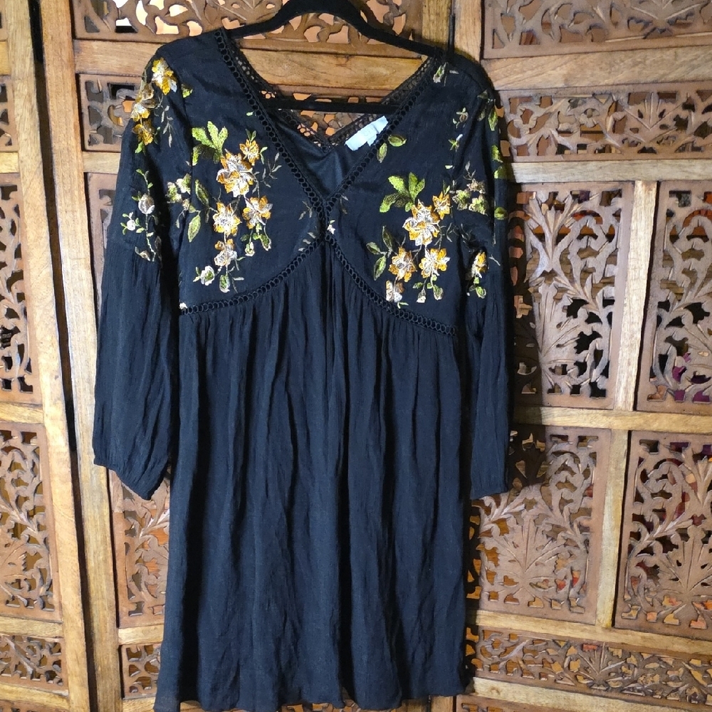 🌟 Elegant Black Dress with Yellow Floral Embroidery